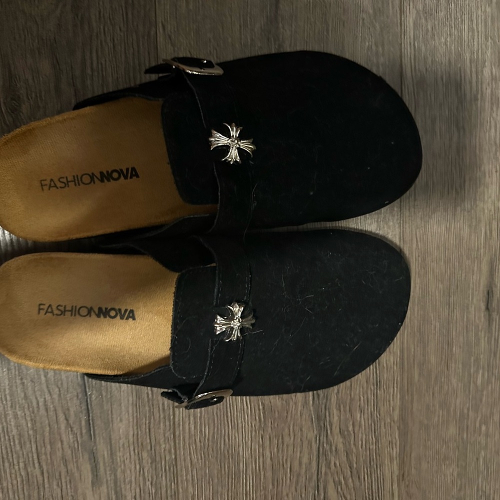 Fashion Nova Black and Silver Mules with Minimalist Design